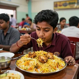 A college student is eating chicken biryani in an Andhra mess, highly detailed, 4k, realistic faces, portrait shot, 30mm wide angle