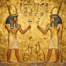 ancient egyptian hieroglyphics with depiction of humans worshipping cats. high definition, gold plated, high contrast.