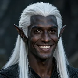 a portrait of a dark drow elf male, long length slick white hair, charcoal skin, handsome, smooth skin, young adult in with late twenties, happy, pointed chin, charcoal color skin, joyful expression, style by donato giancola, wayne reynolds, jeff easley dramatic light, high detail, cinematic lighting, artstation, dungeons and dragons