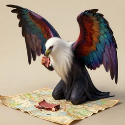 A banshee with large and colorful wings kneels down by an old paper map while eating a piece of meat.