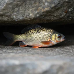 an barely visible tench hidden behind by a stone, occluded