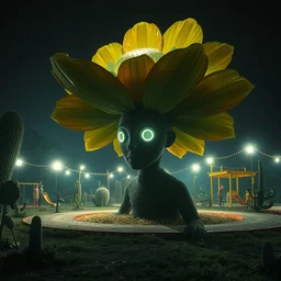 by kay nielsen and grzegorz rutkowski, visually stunning, cinematic, ultra realistic, hyper realism, 1 2 k, epic, octane render, unreal engine, vfx, maya, giant flower as head : a post - apocalyptic kid's playground at night covered by nature, water shaped like a butterfly : a person with a cactus as a head