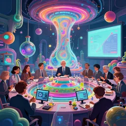 a psychedelic conference of scientists / professors / researchers in a surrealist style