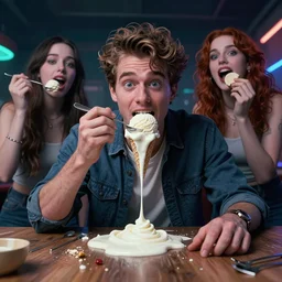 expressive ice cream man melts!! on the table, digital art masterpiece, highly detailed neo pop surrealism, jason limon kay sage hannah yata, dramatic lighting, medium shot, low angle, uhd 8 k, sharp focus