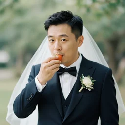 photo of a man at his wedding day eating fruit portrait