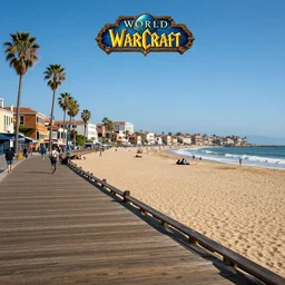 8 k wallpaper, sharp clarity, venice beach from world of warcraft, highly detailed, venice california boardwalk, ultra clear, focus on fidelity, masterpiece, landscape painting, los angeles, accurate depiction of la coast, concept art, world of warcraft loading screen art
