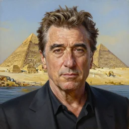 portrait oil painting of robert de niro as the nilo river, egypcian, pyramids, nilo river, ultra realistic, intricate details, luminous skies, highly detailed, michael cheval, peter mohrbacher, boris vallejo, jessica rossier, oil painting, highly detailed, cinematic lighting