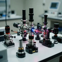 optical instruments table, scientific laboratory, complex opticallenses and devices diffracting lasers, photoreal, new equipment, analog nikon photo, bokeh, defocus