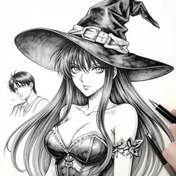 portrait of anime succubus with long hair wearing a witch hat, pen and ink, intricate line drawings, by craig mullins, ruan jia, kentaro miura, greg rutkowski, loundraw