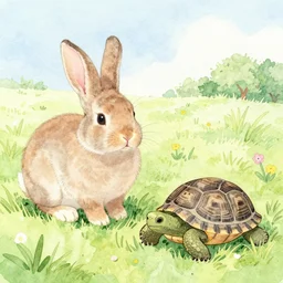 a soft water-color scene, only pastel colors. a field with a rabbit and a turtle. zoomed in.