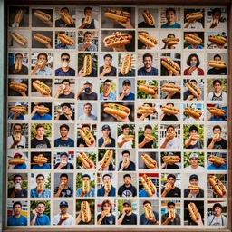 a wall covered in hundreds of photos of people holding hotdogs
