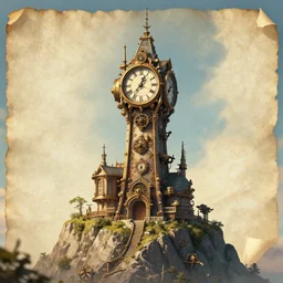 the impossible clock tower on the top of a mountain, tower, building, steampunk, papyrus, parchment