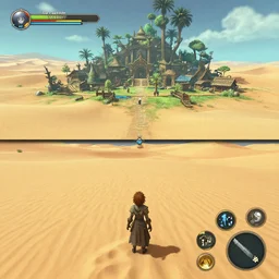 gameplay walkthrough 3 rd person adventure game spiritual alien village in lush oasis of a vast flat empty sand desert with dunes, screenshot, final fantasy, square enix, jrpg, unreal engine, next gen graphics, rtx, cutscene