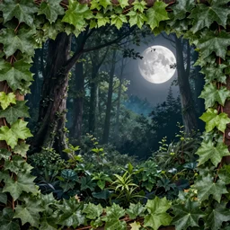 book cover, frame border with ivy, high quality fantasy stock photo, unsplash transparent, forest and moon, intricate detail, elegant, hyper realistic, ultra detailed, octane render, volumetric cinematic lighting, 8 k post - production