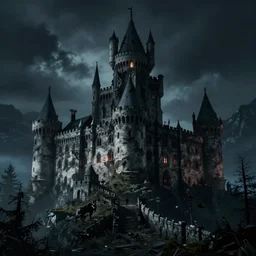 wolfenstein castle, giant castle in mountains, scary, creepy, at night