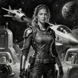 painting of the figure of a woman in a futuristic space town, space opera, traveler, bounty hunter, high - tech, planet and stars, jet fighter, high contrast, concept art, dramatic lighting, digital art, 8 k, extremely detailed, drawn by ruan jia