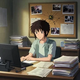 a cinematic shot from the detective noir anime film by makoto shinkai of the ( ( ( ( cyberpunk ) ) ) ) detective's disorganised desk with stacks of folders and files and the wall with a corkboard of crime connections ( ( ( crimescene photos, cases and notes ) ) ) in her bedroom, in the style of the anime film, featured on artstation
