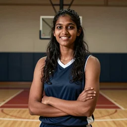 A tall young Indian woman basketball player, on an interior basketball court, posing with her arms folded, smiling, portrait photography by Steve McCurry