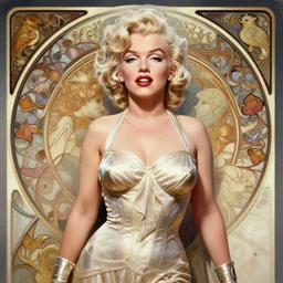 Marilyn Monroe as a beautiful warrior woman, fantasy, intricate, elegant, highly detailed, centered, digital painting, artstation, concept art, smooth, sharp focus, illustration, art by artgerm and donato giancola and alphonse mucha