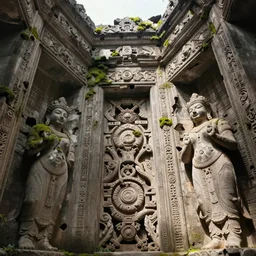 looking up at ancient tartarian temle ruins interior, broken statues, moss, intricate, elegant, vivid colors, highly detailed, john park, craig mullins, sparth, ruan jia, jeffrey catherine jones