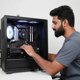 a slightly bangleshi man with a black beard playing on his 5000 dollar pc