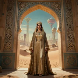 portrait of an islamic empress combined with a surreal islamic style ornamental gate in the desert opens into an other dimension with different alien landscape. by vincent di fate, james jean, dom qwek greg rutkowski alphonse mucha. ornament, intarsia, dynamic lighting, ambient lighting, atmospherical, photorealistic fantasy concept art, trending on art station, stunning visuals, creative, cinematic, ultra detailed