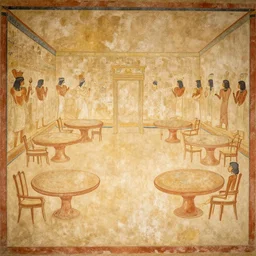 sumerian mural of large room with round tables