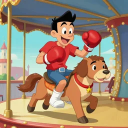 boxer riding merry - go - round smiling full color digital illustration in the style of don bluth, artgerm, artstation trending, 4 k