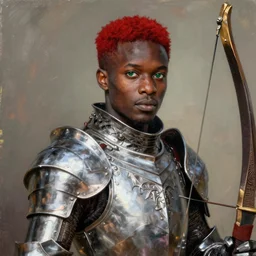 cedric cromwell, solo male knight, young adult, short straight red hair, green eyes, darkskinned ethiopian african skin, polished elaborate steel armor, longbow, clear symmetrical eyes, a male dnd knight's portrait, clear eyed, realistic, by brian patterson and rhads!!!, palette knife background