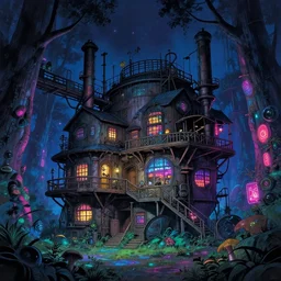 a beautiful ultradetailed anime illustration of architecture industrial architecture underground house by alvar aalto, at night cosmic nature studio ghibli nightvision scumm bar uv light futuristic forest neon signs elysian atlantis at summer neon noir synthwave infrared assassin's creed magic realism, archdaily, wallpaper, highly detailed, trending on artstation.