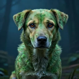 homeless abandoned stray dog with very sad smart eyes, in the style of paul peel, solarpunk, exact anatomy, atmospheric, clean, intricate and epic composition, green by caravaggio, insanely quality, highly detailed, masterpiece, blue light, artstation, 4 k