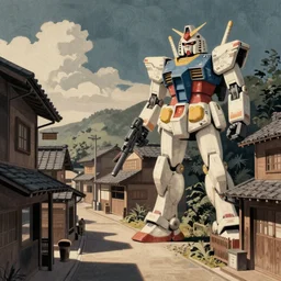“woodblock scene depicting cozy Japanese village being protected by a large gundam. POV from street level.”