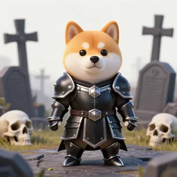 anthropomorphic shiba inu, wearing holy black steel armor, standing, graveyard of skulls, tombs, crosses. fantasy 3 d render, masterpiece, light aura, by donato giancola and greg rutkowski and wayne barlow and zdzisław beksinski, realistic face