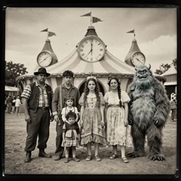 a tintype photograph. photo of a group of people in front of the circus of watches, a family of monsters