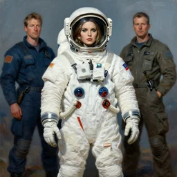 full body portrait of a russian cosmonaut sci - fi pulp fiction queen akimbo, highly detailed painting by gaston bussiere, craig mullins, j. c. leyendecker, 8 k, mid shot