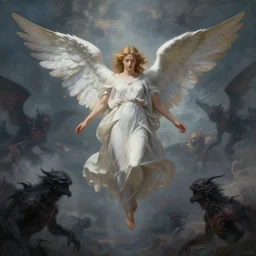 a painting of a beautiful angel floating in the sky, surrounded by dark menacing creatures, wide angle, hyper detailed, digital art, trending in artstation, cinematic lighting, studio quality, smooth render