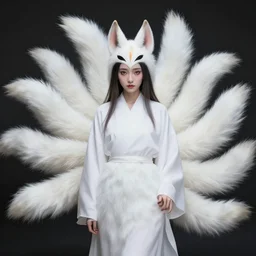 portrait of a kitsune woman with 9 fluffy tails