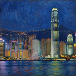 hong kong skyscrapers at night, beautiful, painting by van gogh, post impressionism