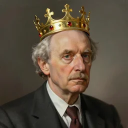 Claude shannon father of cybernetics and artificial intelligence wearing a crown, highly detailed, award winning art, featured on art station