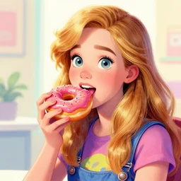 Mabel Pines eating a donut, colourful, drawing, masterpiece, high detail, digital art