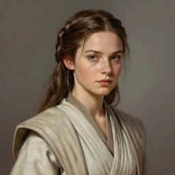 portrait of a woman by greg rutkowski, jedi knight hana fel, brown long hair, she resembles leia, star wars expanded universe, she is about 2 0 years old, elegant, wearing jedi robes, highly detailed portrait, digital painting, artstation, concept art, smooth, sharp foccus ilustration, artstation hq