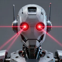 long shot, a very detailed head of a robot in stempunk stlyle with red glowing eyes, laserbeams out of the eyes, frontshot, 8 k
