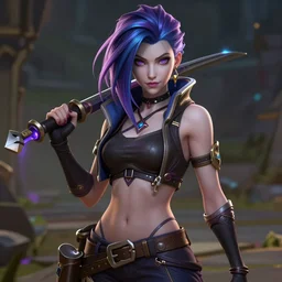Cyberpunk themed Katarina from League of Legends, detailed body and face accurate anatomy,  in the style of  Z.W. Gu from trending on artstation, HD, Octane render, smooth, sharp focus, Anime style