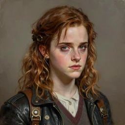 portrait painting of a sad dieselpunk emma watson as hermione granger, sharp focus, award - winning, trending on artstation, masterpiece, highly detailed, intricate. art by josan gonzales and moebius and deathburger