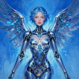 formal portrait of beautiful cybernetic goddess, painted by jesper ejsing. fantasy, sci - fi, neon blue and chrome, metal wings, glowing eyes, intricate detail, romanticism, vivid color scheme, artstation