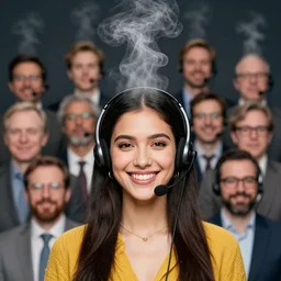 multicultural, portrait of a happy telemarketer wearing a headset, hot plumes of steam rising from her head, Alena Aenami, Petros Afshar, Noah Bradley, Anton Fadeev, Anato Finnstark, Steve Henderson, Filip Hodas, Mark Keathley, Thomas Kinkade, Phil Koch, Gilbert Williams, Mike Winkelmann, Beeple