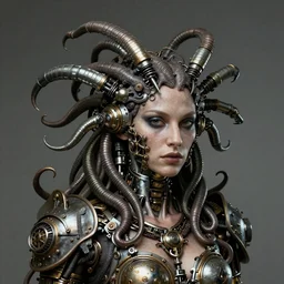 portrait photo of a steampunk gorgon medusa with borg implants and mechanical sneaks coming out of her head. very detailed, 8k