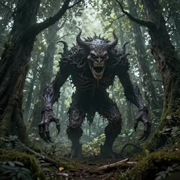 Intricate detailed illustration, A terrifying and evil creature found in the woods, cinematic lighting, by Eric Carle, wide angle, volumetric light scattering, 8k, artstation, concept art,