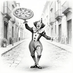pulcinella dancing drunk through the empty street of naples waving a large pizza, black and white pencil sketch by silvio fiorillo, from commedia dell'arte