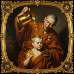 highly cunning buddhist monk pouring liquid gold into monk kid head baroque style, painting by gaston bussiere, craig mullins, j. c. leyendecker, lights, art by ernst haeckel, john william godward, hammershøi,